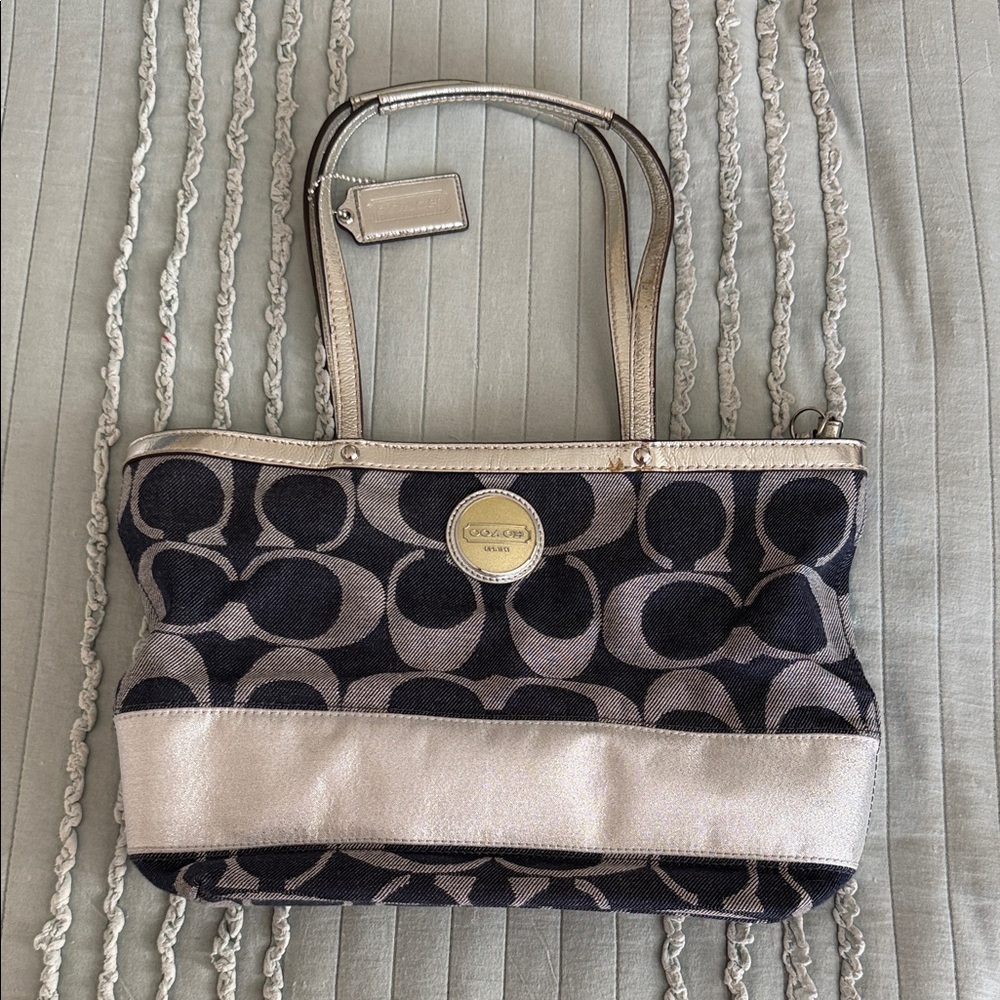 Coach Black and Metallic Silver Signature Jacquard Tote